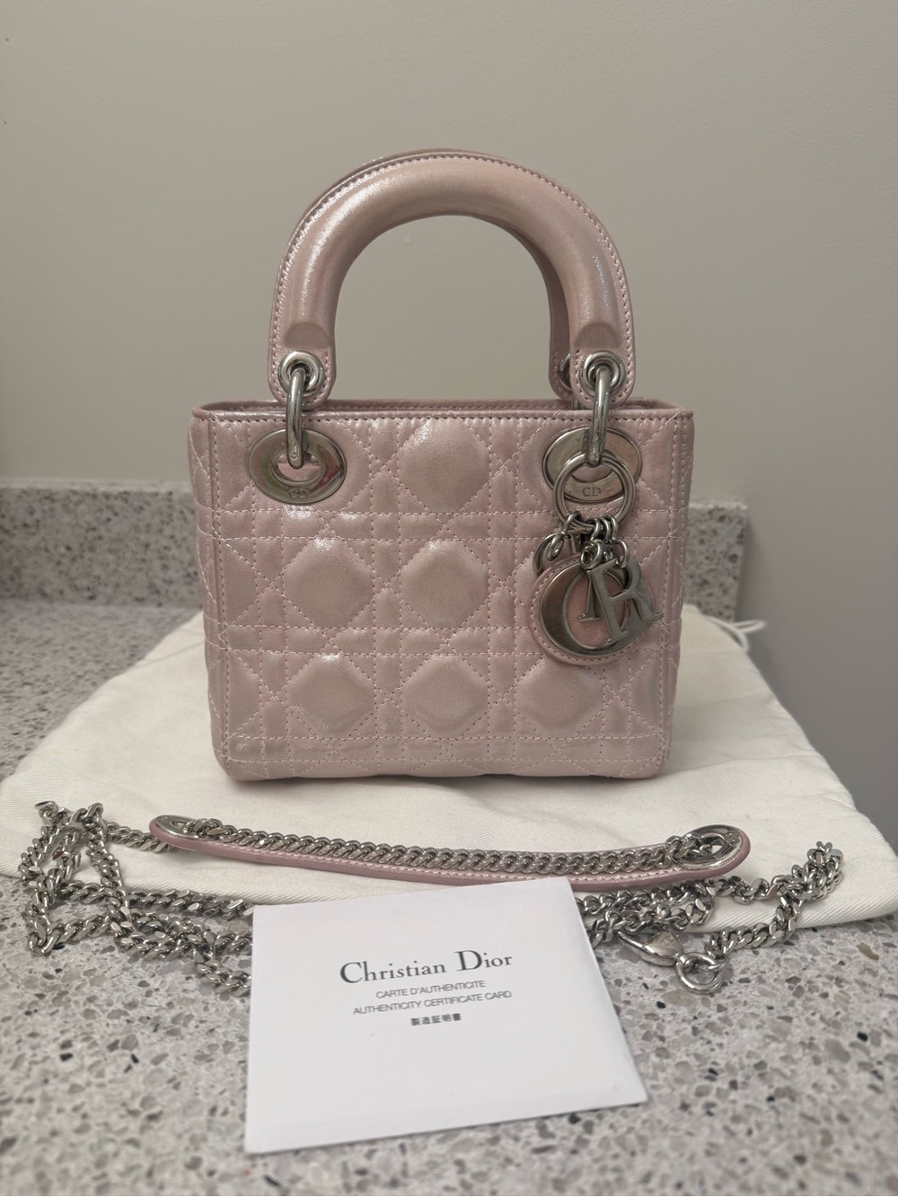 Dior Mini Lady Dior Tote in Pale Pink with Silver Hardware